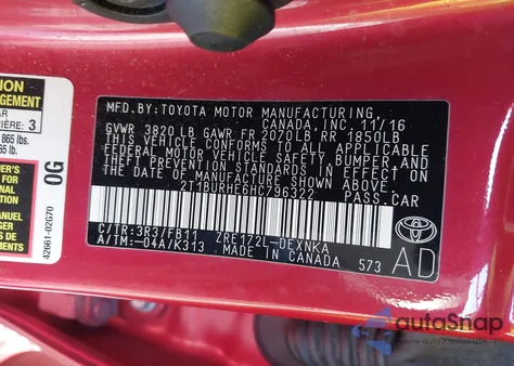 2017 Toyota Corolla Le из США, поврежденный, VIN 2T1BURHE6HC796322